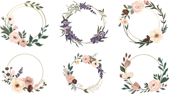 Elegant Floral Wreath Vector Icon Set with Golden Round Frames, Delicate Pastel Roses, Lavender, and Botanical Greenery Leaves for Wedding Invitation Designs