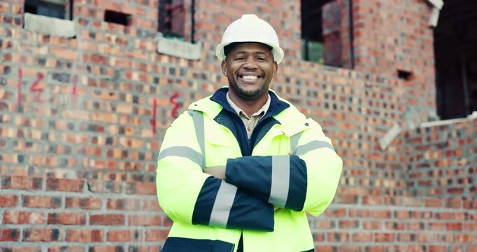 Construction, face or black man on site with arms crossed, pride or positive attitude as industrial worker. Happy, space or engineer with confidence, ambition and about us in architecture development
