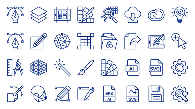 Graphic design icons set including tools and file formats