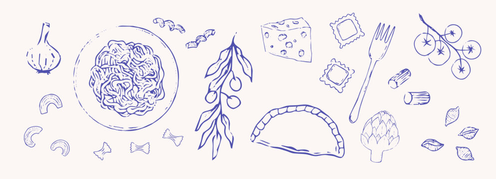 Italian food pizza and pasta hand drawn sketch. Mediterranean cuisine, mediterranean pasta types line doodle. Farfalle, fusilli, fettuccine, linguine.