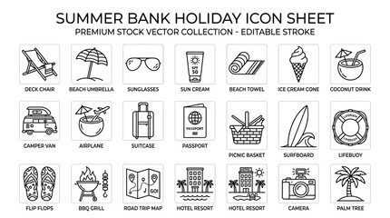 Fototapeta premium Summer Bank Holiday Travel and Leisure Icon Set with Beach, Transport, and Outdoor Activities
