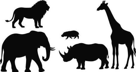 African safari animals silhouette set featuring walking lion elephant rhinoceros giraffe and small hippo icons isolated on white background © MSTMEHEJABINBINDA