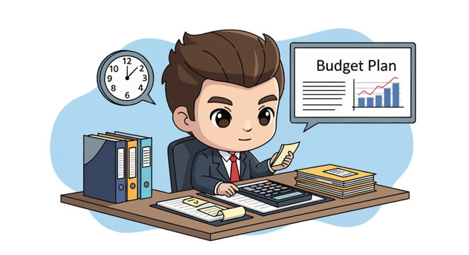 Chibi businessman cartoon character at office desk managing financial budget plan with calculator folders wall clock and bar chart graphic illustration on white background.