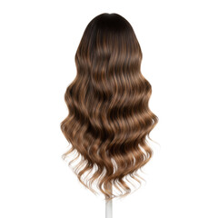 Naklejka premium Long wavy brunette wig with caramel and blonde highlights on a minimalist stand against a transparent background, elegant commercial beauty product display