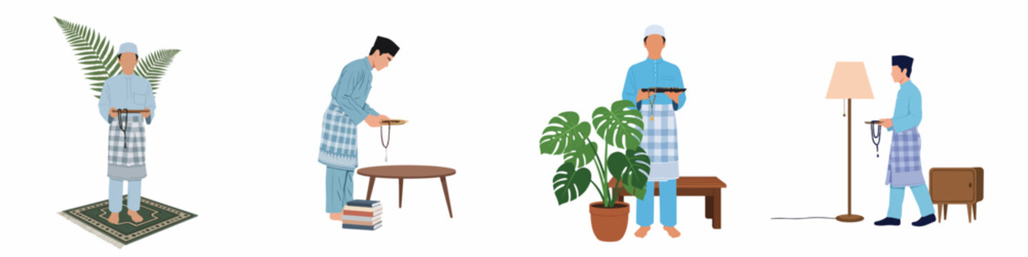 Set of illustrations showing a Muslim man in traditional Malay attire holding prayer beads in various indoor settings for religious or cultural themes.