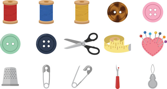 Sewing and Tailoring Equipment Vector Icon Set with Thread Spools, Buttons, Scissors, and Pincushion for Dressmaking Workshops, Crafting Blogs, and Textile Needlework Designs