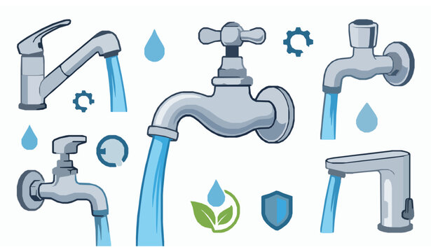 Water faucet with running blue water vector illustration set