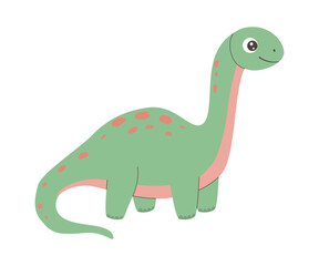 Smiling green sauropod dinosaur with a very long neck and pink spots standing gracefully on a blank surface. Vector illustration © Elena