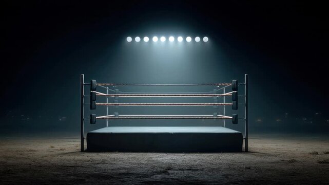Empty boxing ring in dimly lit arena with bright spotlights and foggy atmosphere, sports venue background for fight competition or training scene