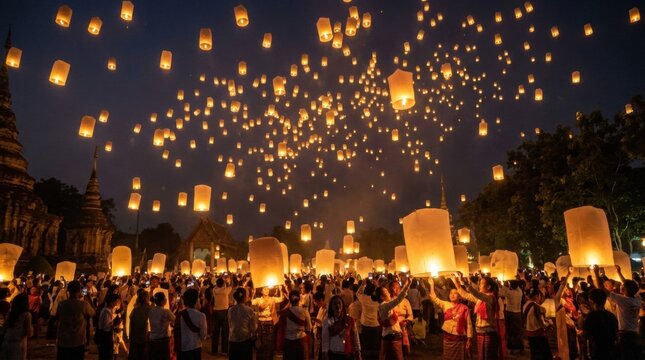 Lantern Festival Night: Thousands of glowing sky lanterns ascend into the twilight sky during a vibrant festival, illuminating the night with a magical spectacle of light and hope.