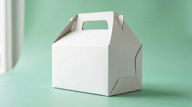A white cardboard gable box mockup sits on a green surface.