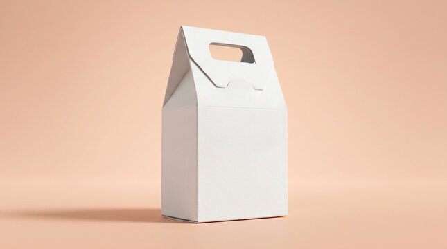A white gable gift box with a handle sits on a peach surface and background.