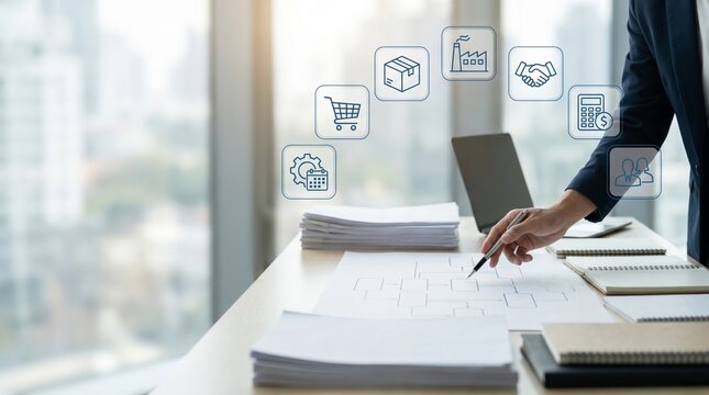 Professional Business Person Analyzing Enterprise Resource Planning Workflow in Modern Office