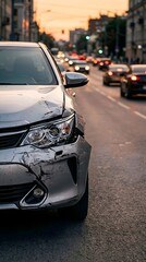 Naklejka premium Damaged Car Front After Traffic Accident on Busy Urban Street with Insurance Claim Concept