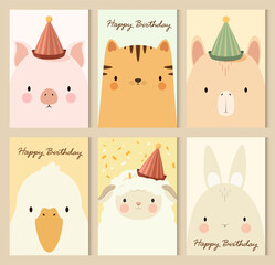 Fototapeta premium A set of cute festive animal faces. Simple illustration. Happy Birthday. Vector graphics. 