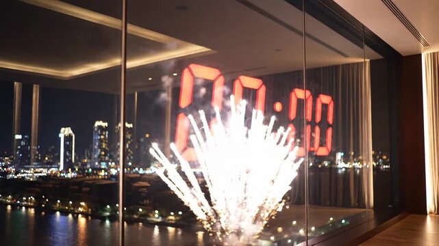Digital Clock Displaying Time with Cityscape Reflection at Night