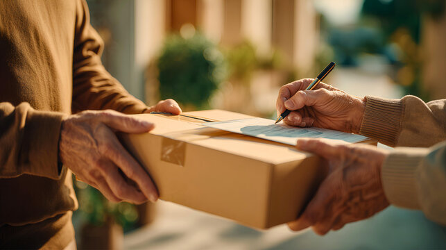 realistic close-up of package courier interaction with delivery worker holding shipping boxes and older customer signing delivery confirmation form, real hands, soft golden daylight illuminating hands