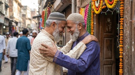 Obraz premium Eid Greeting in Bazaar: Two Muslim men embrace warmly, forehead touching in a gesture of peace and goodwill during Eid celebrations amidst a bustling marketplace adorned with festive garlands.