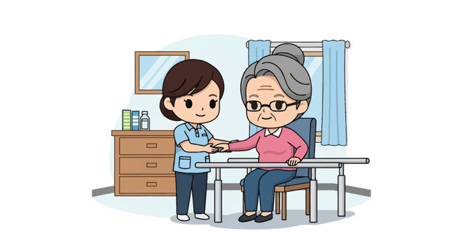Vector style chibi illustration of a female nurse in blue scrubs helping an elderly senior woman with gray hair during a physical therapy session using parallel bars indoors.