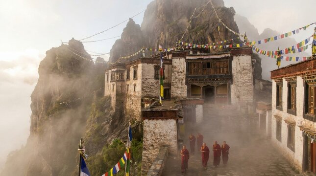 Tibetan Monastery on Mountain Peak: A serene Tibetan monastery, adorned with prayer flags, clings precariously to a mist-shrouded mountain peak, with robed monks walking along its ancient pathway.