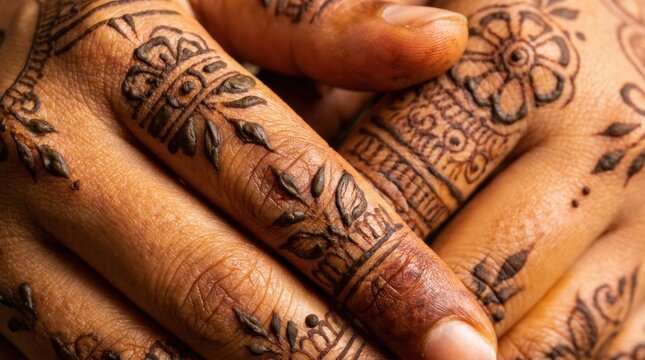 Intricate Henna Artistry: A close-up view showcases the delicate and traditional beauty of henna (mehndi) art adorning a person's hands, highlighting the detailed patterns and cultural significance.