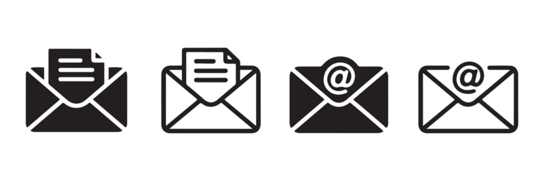 Email communication icons with document attachments and at sign for digital platform web interfaces.