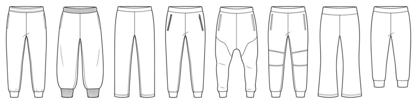 mens jogger sweatpants and drop crotch track bottom flat sketch vector illustration transparent background technical cad drawing template
