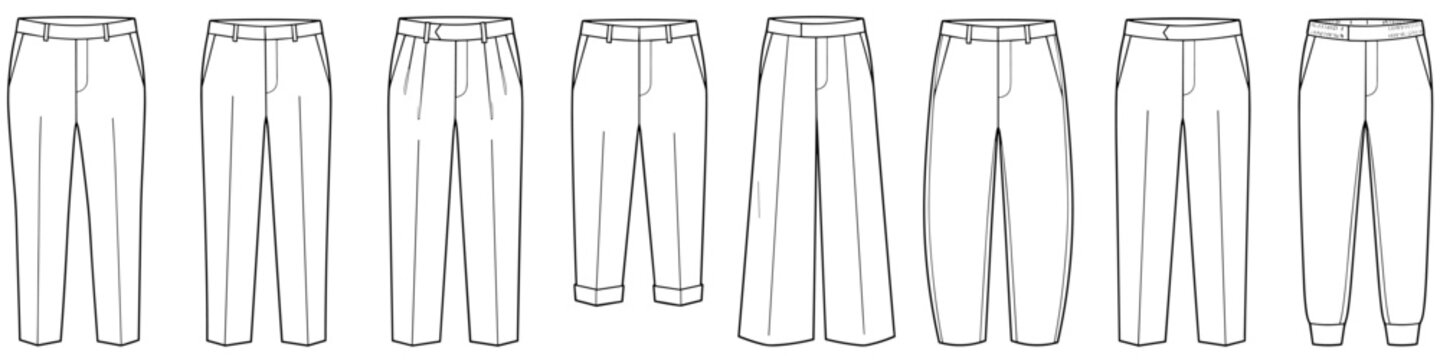 mens classic tailored trouser and pleated formal pant flat sketch vector illustration transparent background technical cad drawing template