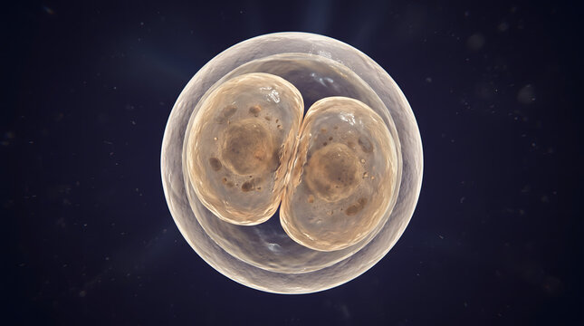 3D render of a zygote undergoing initial cell division at the two-cell stage, illustrating the biological process of early embryonic development and reproduction.