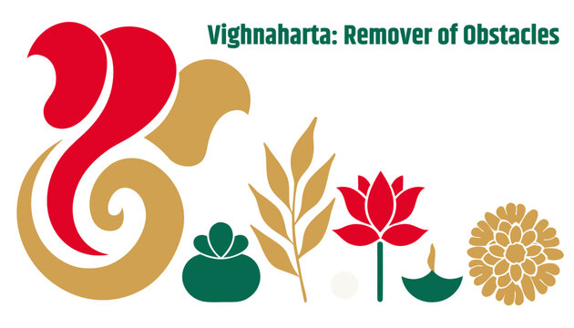 Flat Ganpati banner: durva grass, lotus, vermilion tones for web promotional graphics