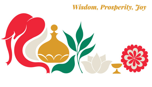 Bold flat vector Ganesh Chaturthi: diya motif, marigold, gold accents for call-to-action banner