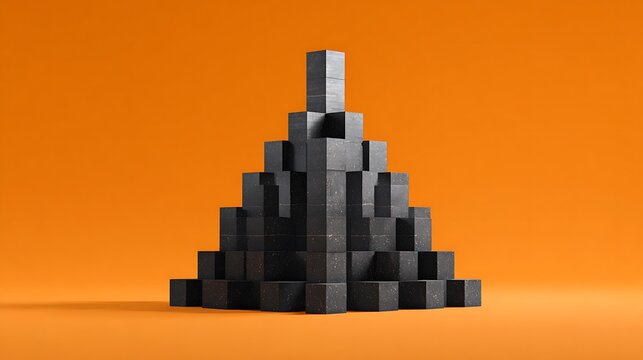 Pyramid of dark stone textured cubes on orange background