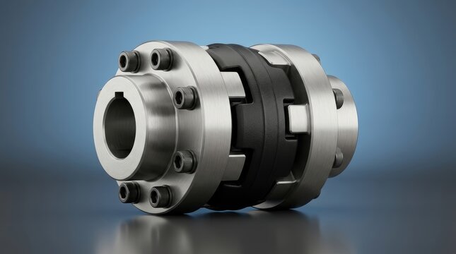Precision engineered industrial flexible coupling 3D render, vibration damping shaft connector, elastic torque transmission system for misaligned shafts