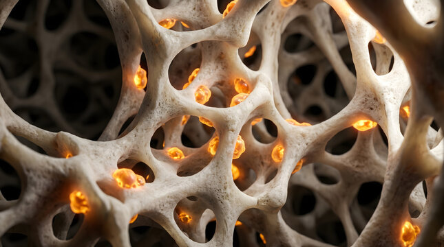 Microscopic 3D illustration of human bone structure showing porous trabecular tissue with glowing cells and mineral deposits for medical science concepts.