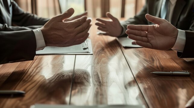 Two business professionals in formal suits engage in a discussion with hands gesturing over a polished wooden conference table, documents and pens visible