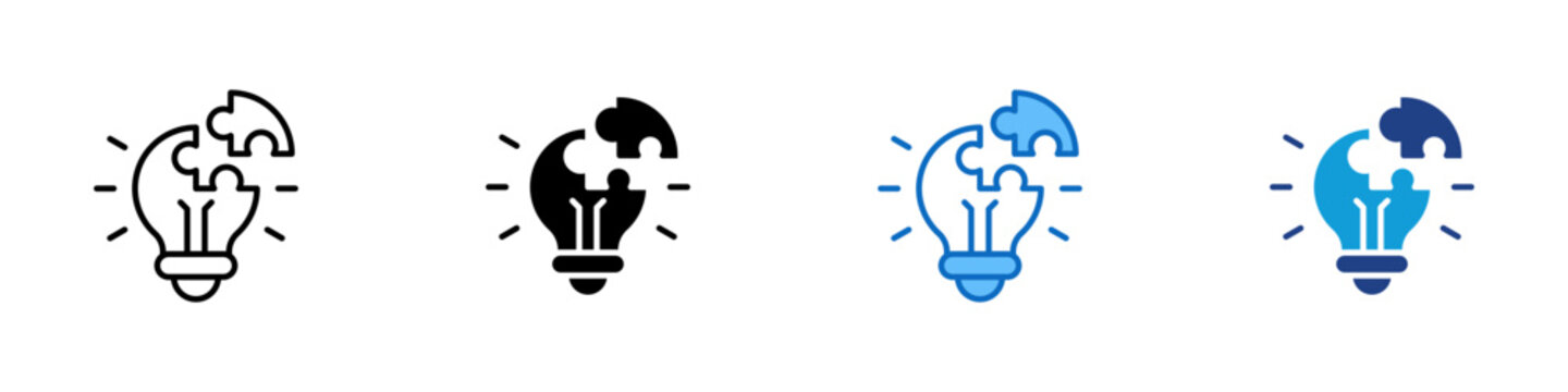 Problem Solving Multiple Style Icon Design Vector - Light bulb with puzzle pieces representing problem solving, creative thinking, and practical solution development