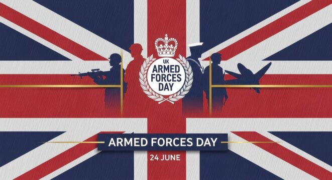 Armed Forces Day Silhouette of Soldiers Against Union Jack Flag Background