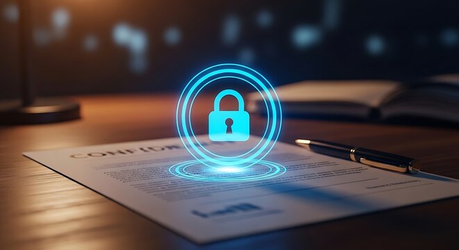 Legal document security concept with glowing padlock overlay representing data protection and confidentiality