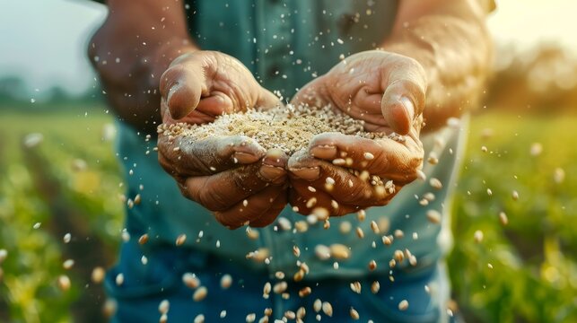 Farmer holding handful of seeds with grains falling from hands in a lush green field during sunset, showcasing agricultural practices and crop cultivation