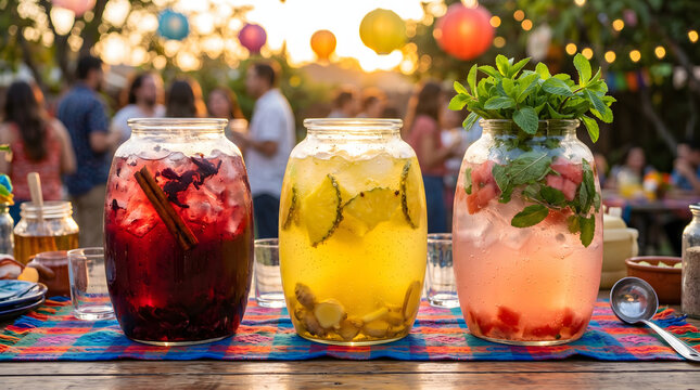 Three large glass jars of colorful Mexican aguas frescas including hibiscus pineapple and watermelon mint at a festive outdoor garden party.