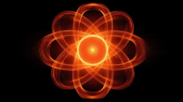 Glowing atomic structure with swirling elliptical electron orbitals in vibrant orange light on black background representing energy and science concept