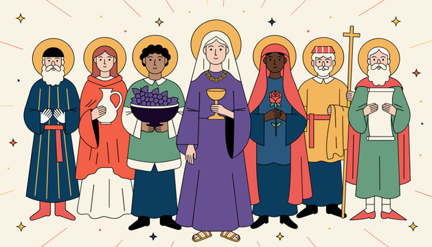 A diverse group of seven saints, each depicted with unique attire and symbolic objects, stand together in a radiant, celebratory illustration.