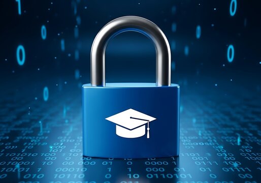 Educational data security concept padlock with graduation cap symbolizing protected student information