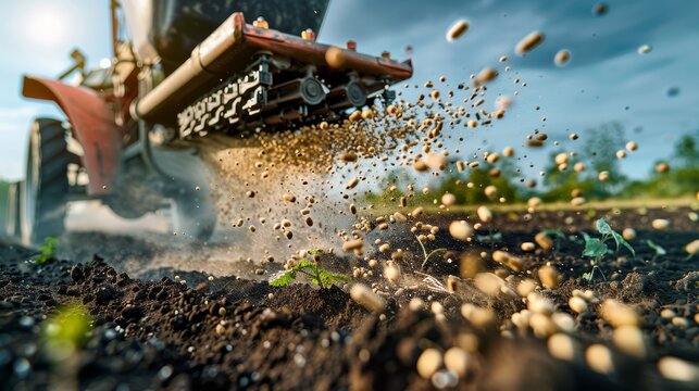 Agricultural tractor spreading seeds over dark soil in a field, with small green plants visible in the foreground and a cloudy sky in the background