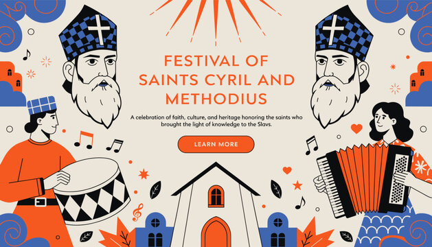 Illustration of the Festival of Saints Cyril and Methodius, depicting the saints, musicians, and a church, celebrating faith and culture.