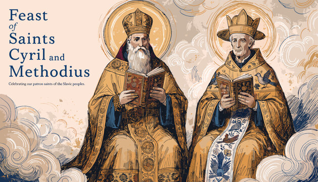 Feast of Saints Cyril and Methodius: Celebrating the patron saints of Europe with a depiction of two robed figures holding books.