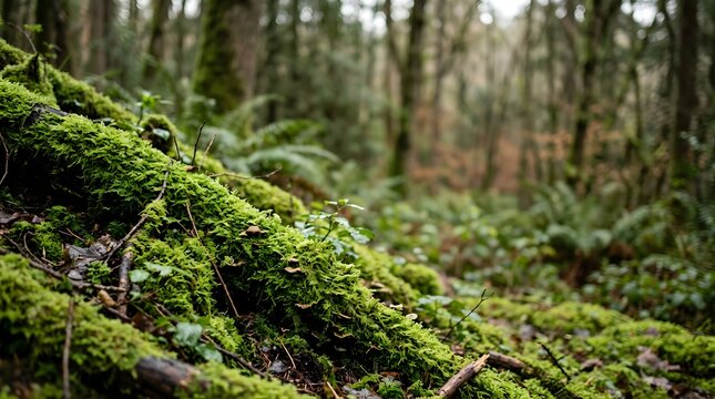 Green moss on a fallen tree log in a scenic natural temperate woodland