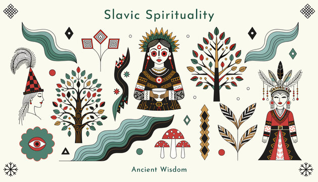 An artistic illustration depicting elements of Slavic spirituality, featuring traditional symbols, figures, and natural motifs.