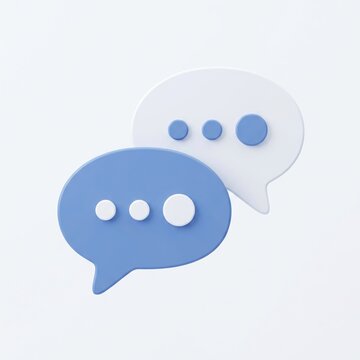 Blue and white chat speech bubbles with three dots on a plain white background for messaging.