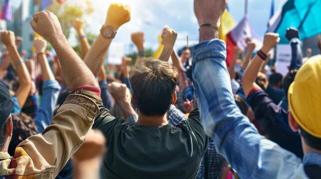 Group of diverse individuals raising fists in solidarity during a protest, colorful flags and banners visible in the background under a bright sky